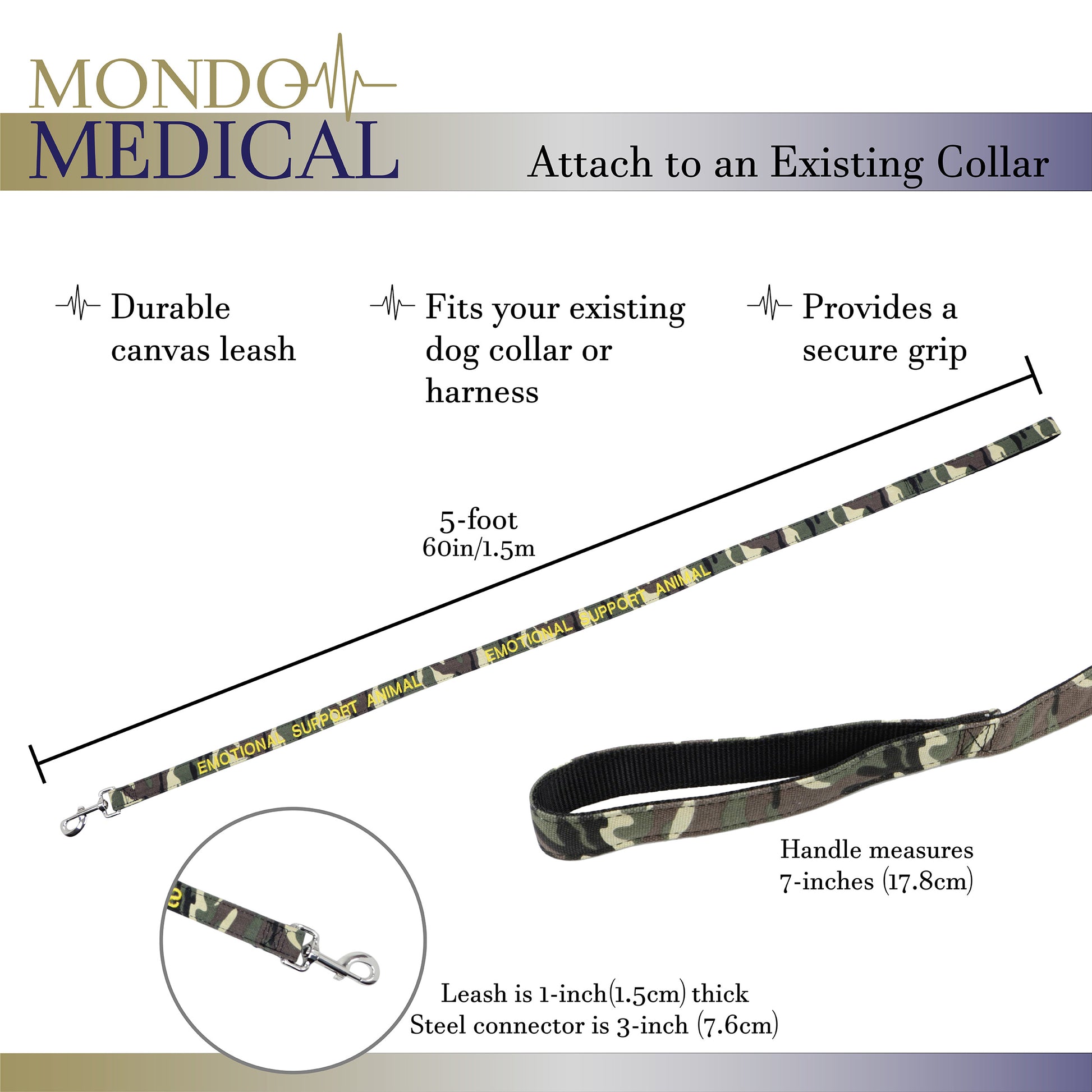 Service Dog Leash - 5ft Camo EMOTIONAL SUPPORT ANIMAL Lead
