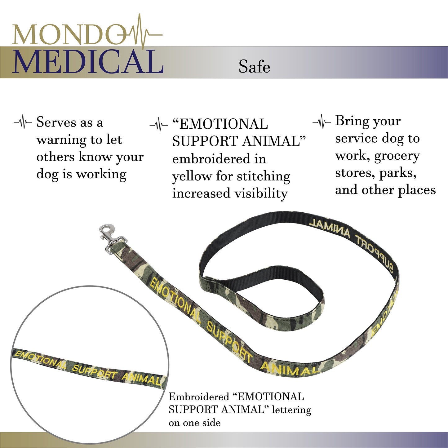 Service Dog Leash - 5ft Camo EMOTIONAL SUPPORT ANIMAL Lead