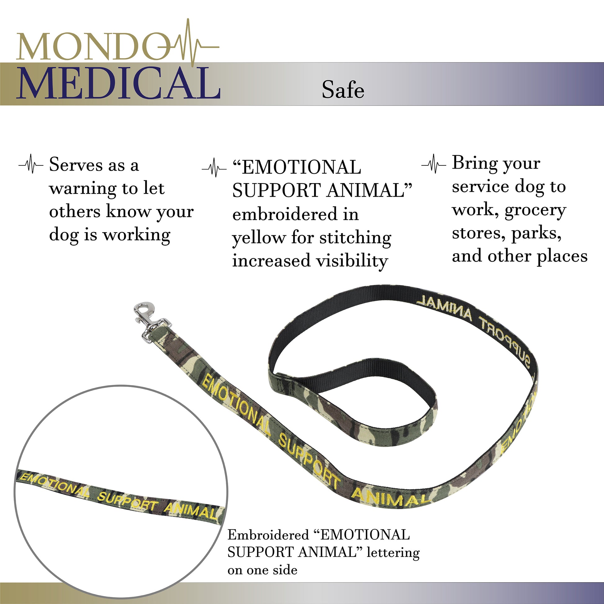 Service Dog Leash - 5ft Camo EMOTIONAL SUPPORT ANIMAL Lead