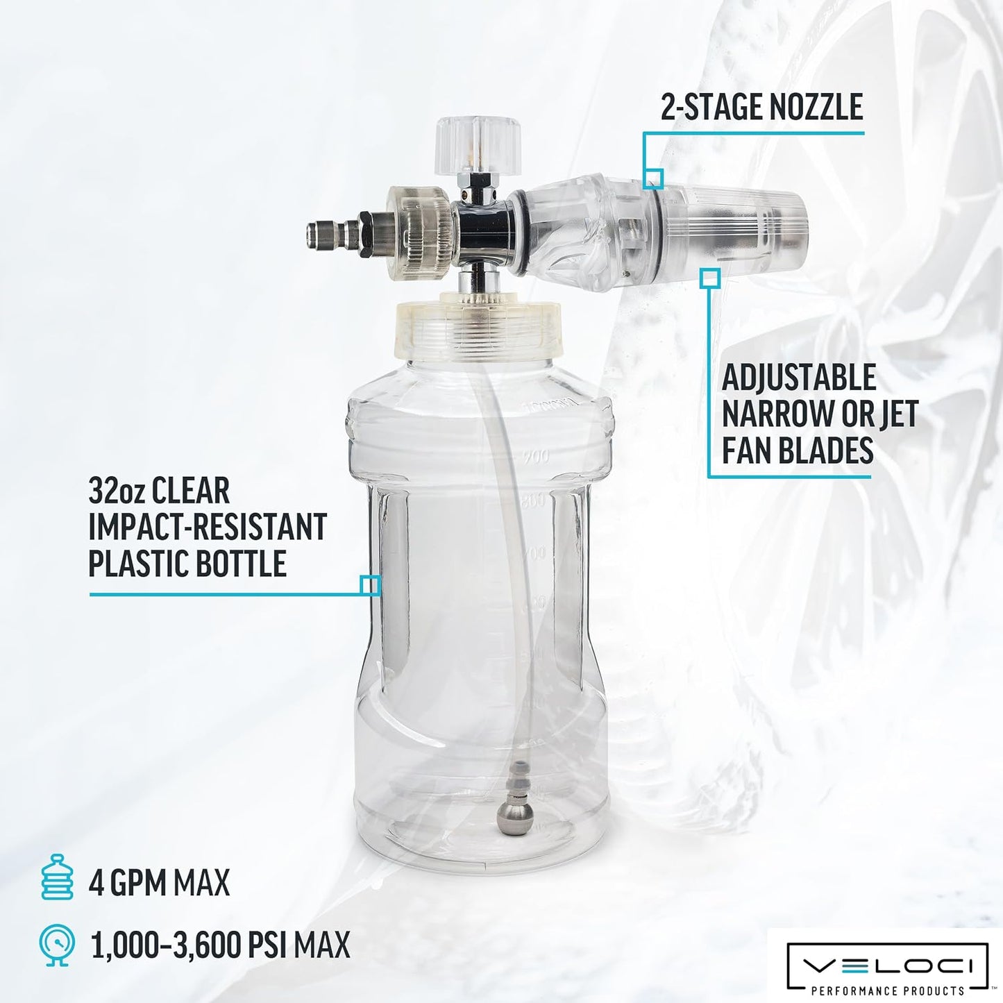 Veloci Performance Clear Foam Cannon with Bottle for Pressure Washer