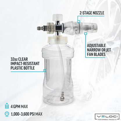 Veloci Performance Clear Foam Cannon with Bottle for Pressure Washer
