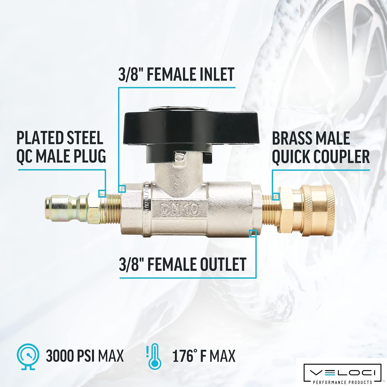 Veloci 3/8" Plated Brass Ball Shut Off Flow Control Valve,  3000 PSI