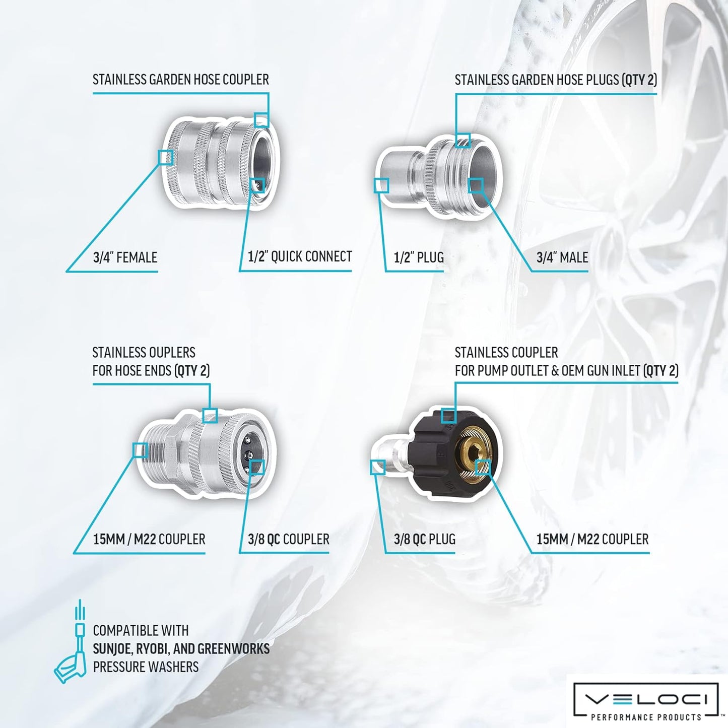 Stainless Steel Pressure Washer 7-pc Hose Adapter Kit for Foam Cannons