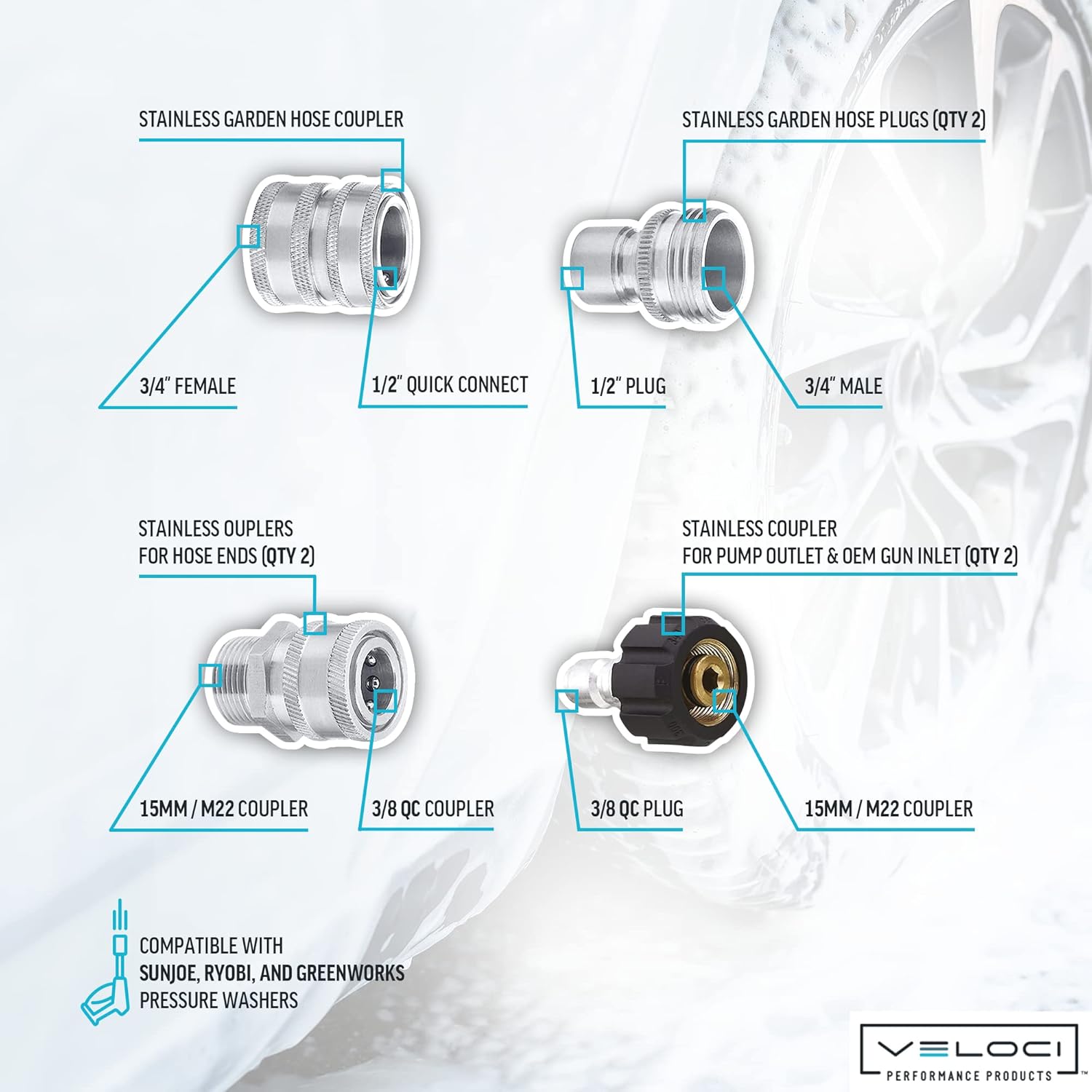 Stainless Steel Pressure Washer 7-pc Hose Adapter Kit for Foam Cannons