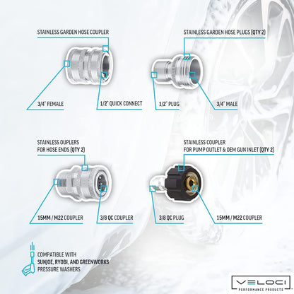 Stainless Steel Pressure Washer 7-pc Hose Adapter Kit for Foam Cannons