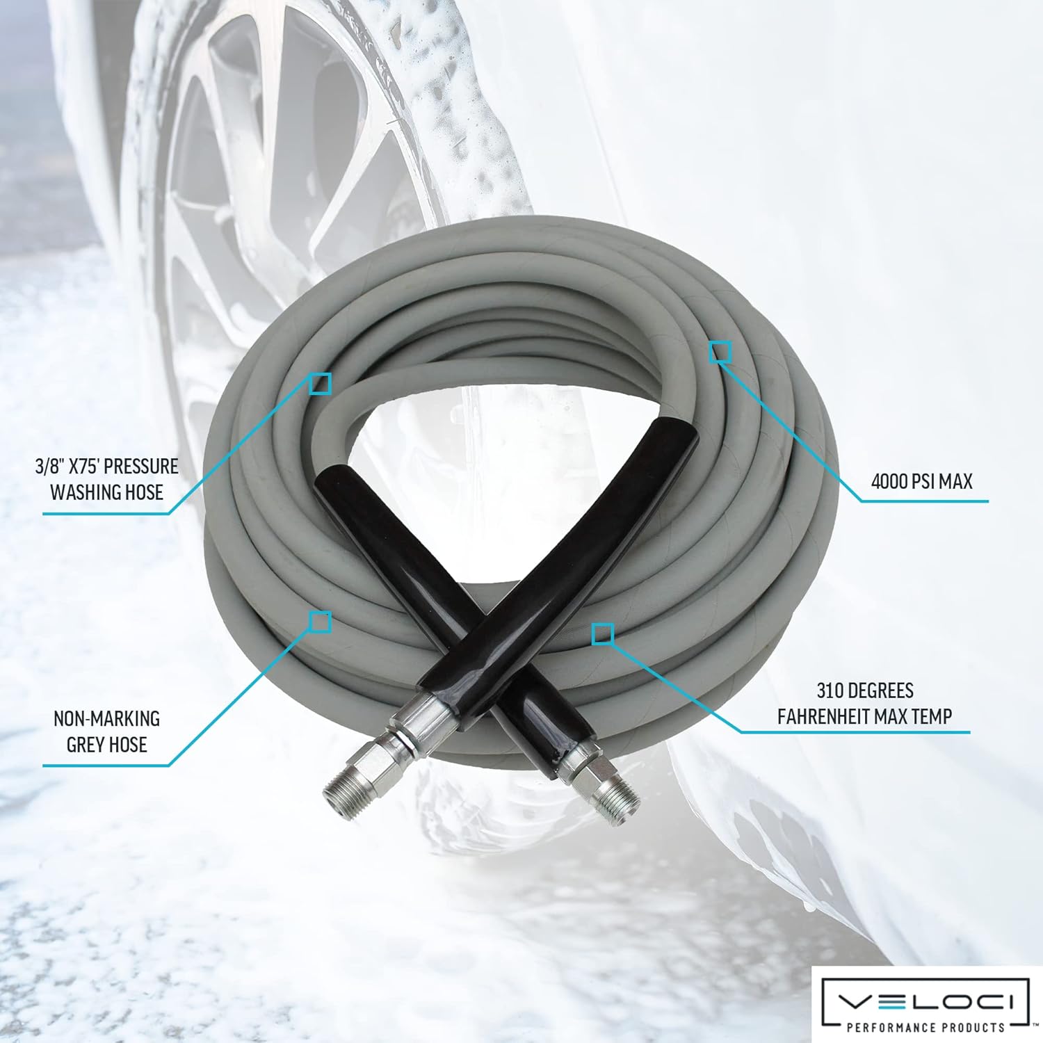Kobrajet High Pressure Washer Hose 3/8” 4000 PSI 75’ Non-Marking Gray