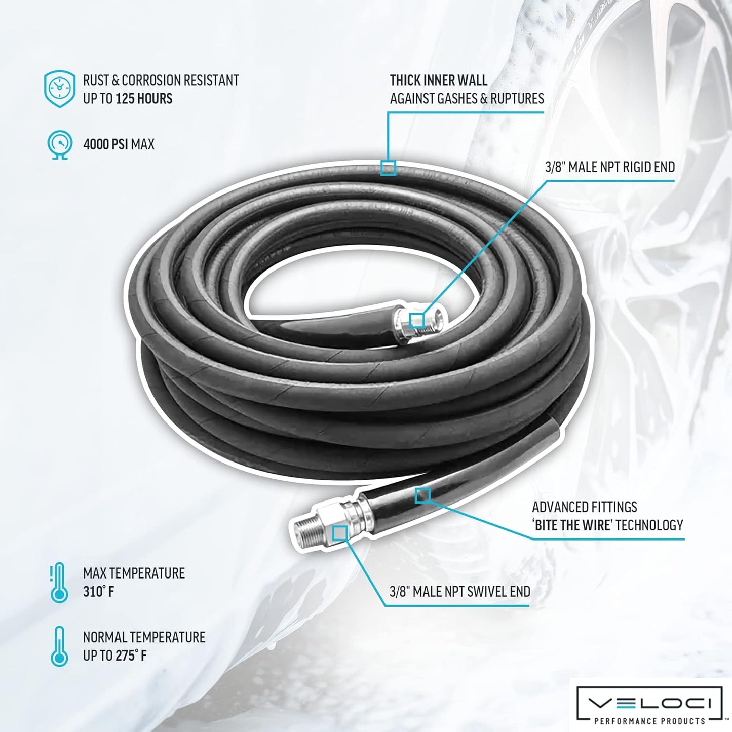 Kobrajet High Pressure Washer Hose 3/8” 4000 PSI 100’, Black