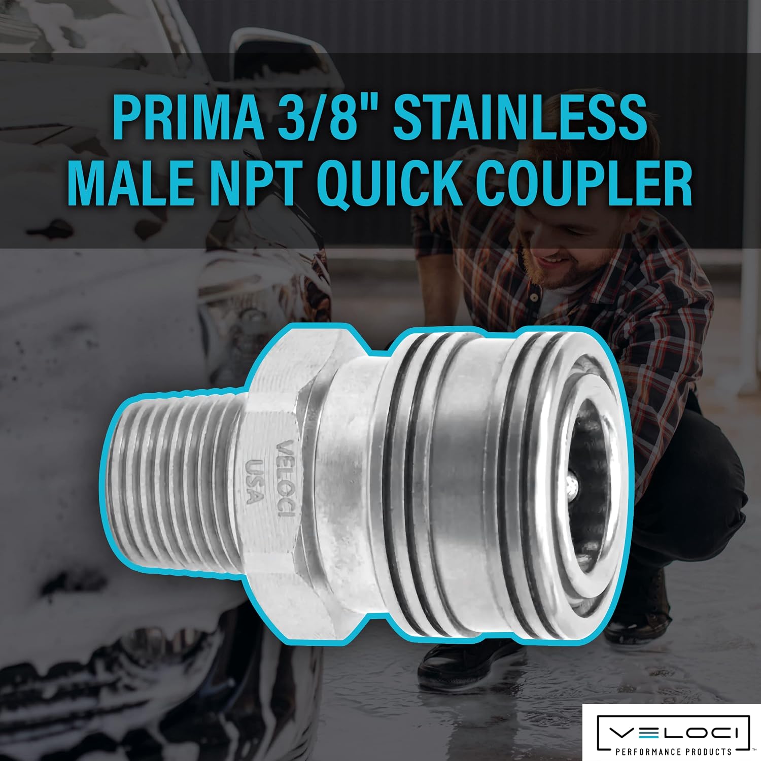 Veloci Prima 3/8" Stainless Steel Male NPT Quick Coupler for Pressure Washer