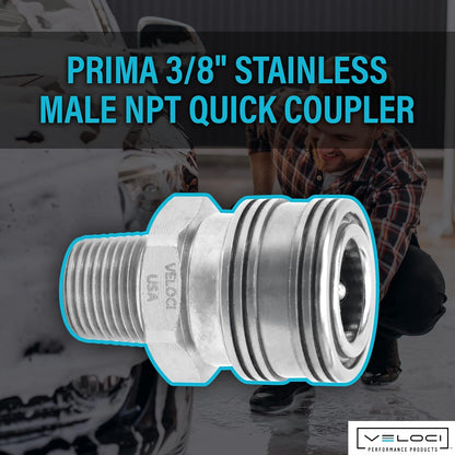 Veloci Prima 3/8" Stainless Steel Male NPT Quick Coupler for Pressure Washer