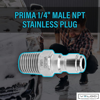Veloci Prima 1/4" Stainless Steel Male NPT Quick Coupler Plug - Pressure Washers
