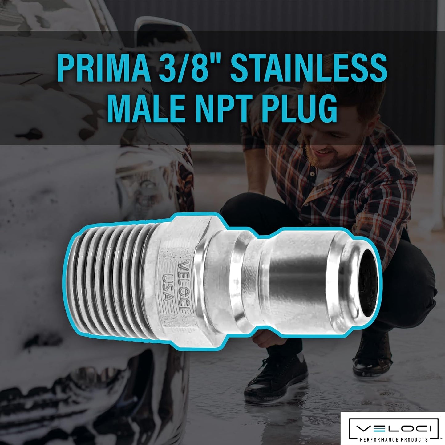 Veloci Prima 3/8" Stainless Steel Male NPT Quick Coupler Plug - Pressure Washer