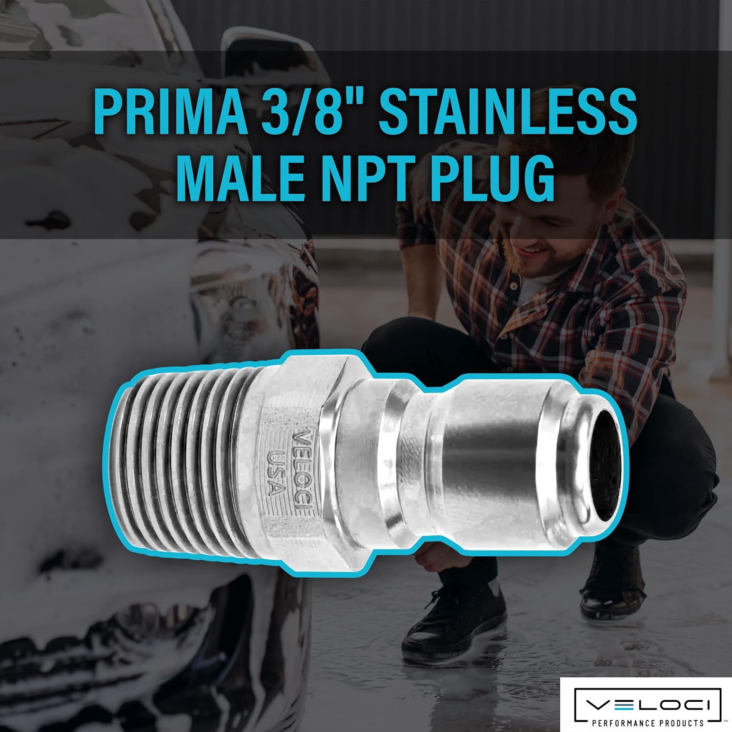 Veloci Prima 3/8" Stainless Steel Male NPT Quick Coupler Plug - Pressure Washer
