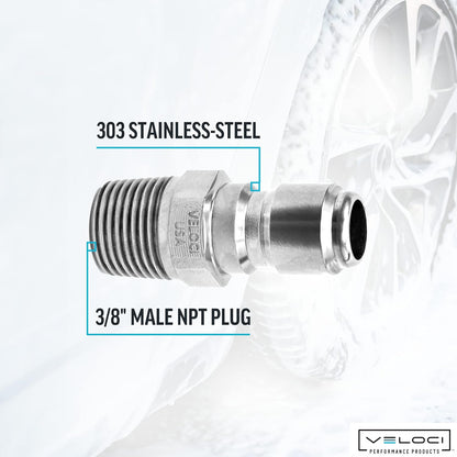 Veloci Prima 3/8" Stainless Steel Male NPT Quick Coupler Plug - Pressure Washer
