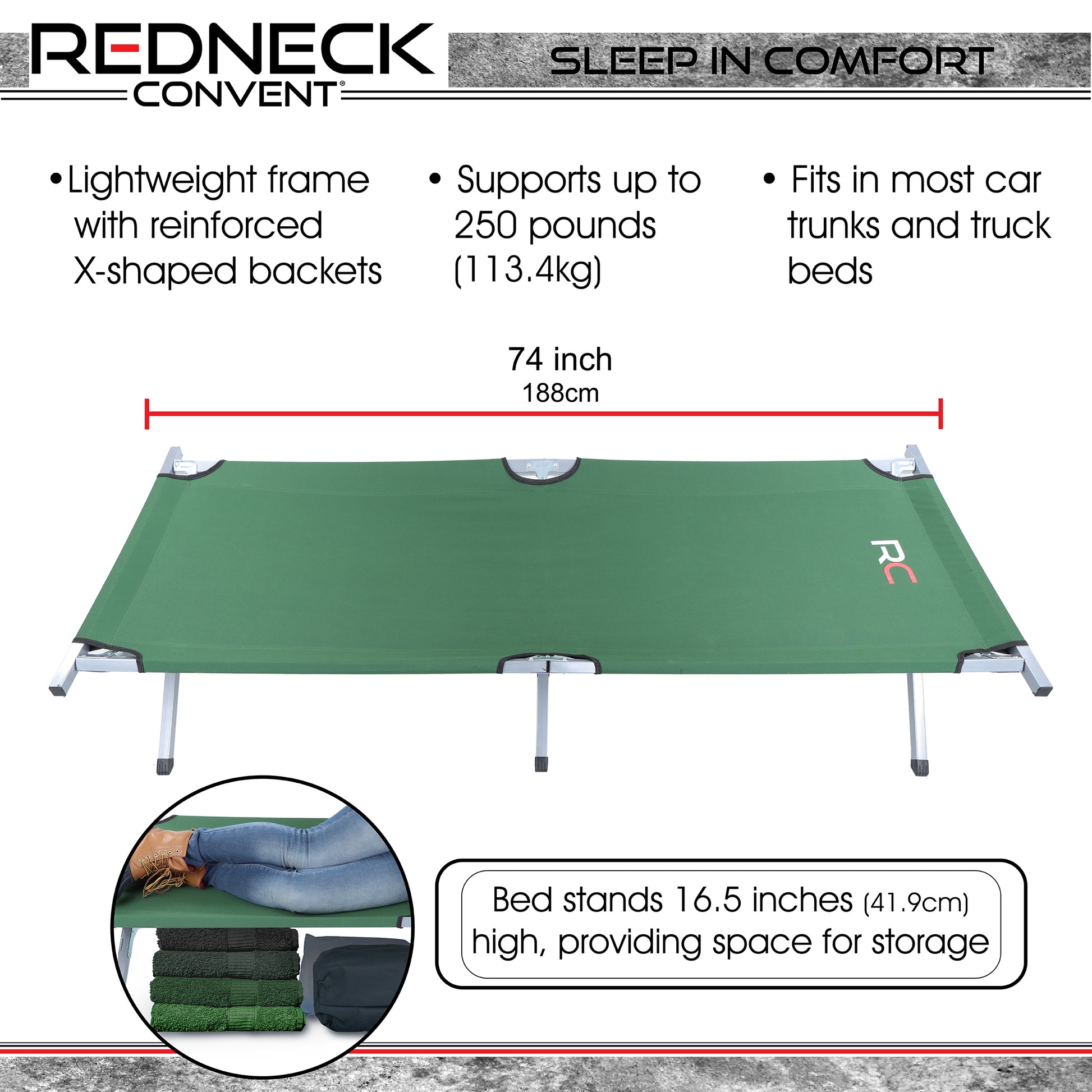 Portable Camping Cot Adult Folding Bed - Green 6.2ft Sleeping Cot