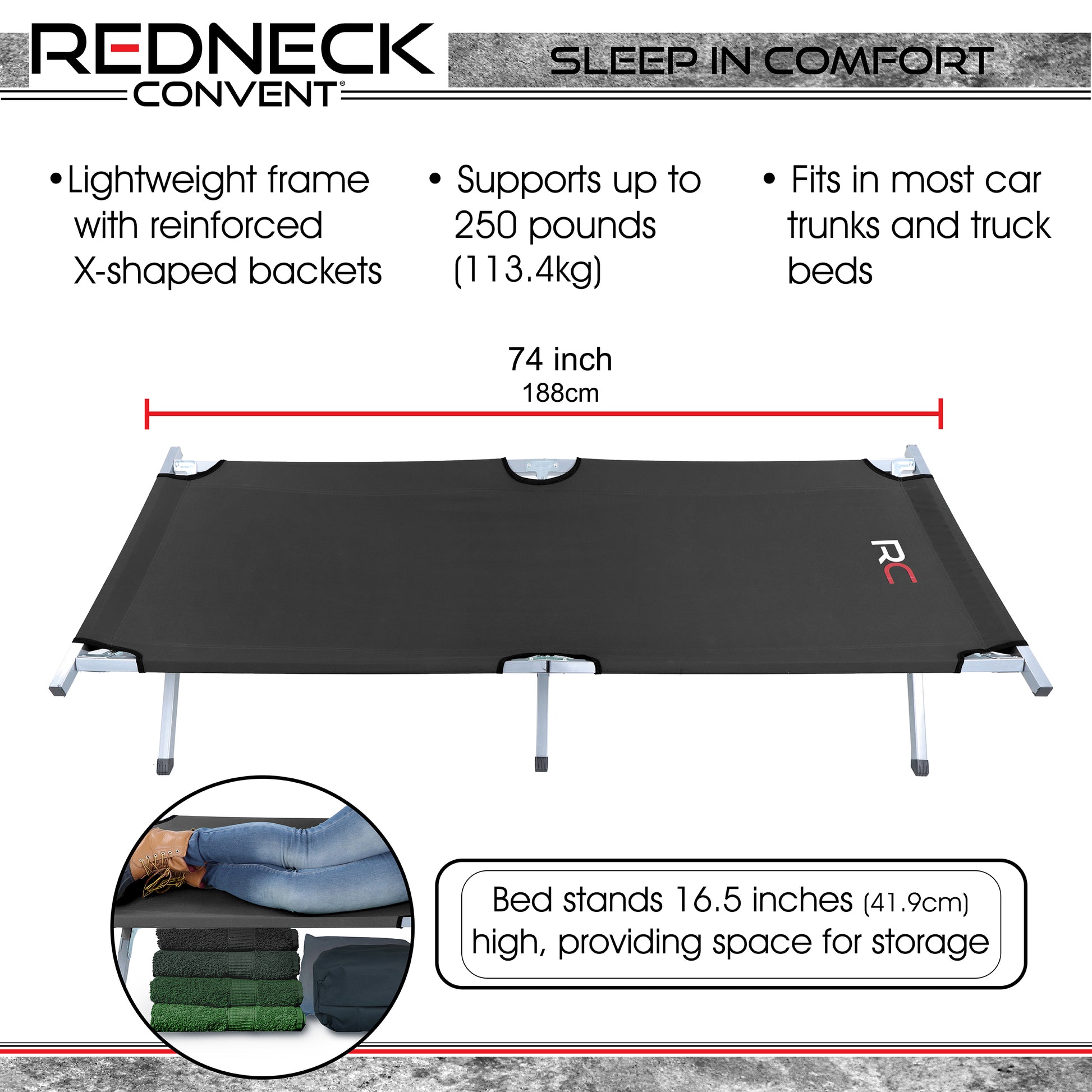Portable Camping Cot Adult Folding Bed - Black 6.2ft Sleeping Cot