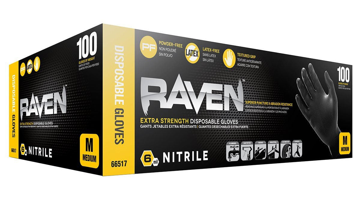 Raven Powder-Free Black Nitrile 6 Mil Gloves MED