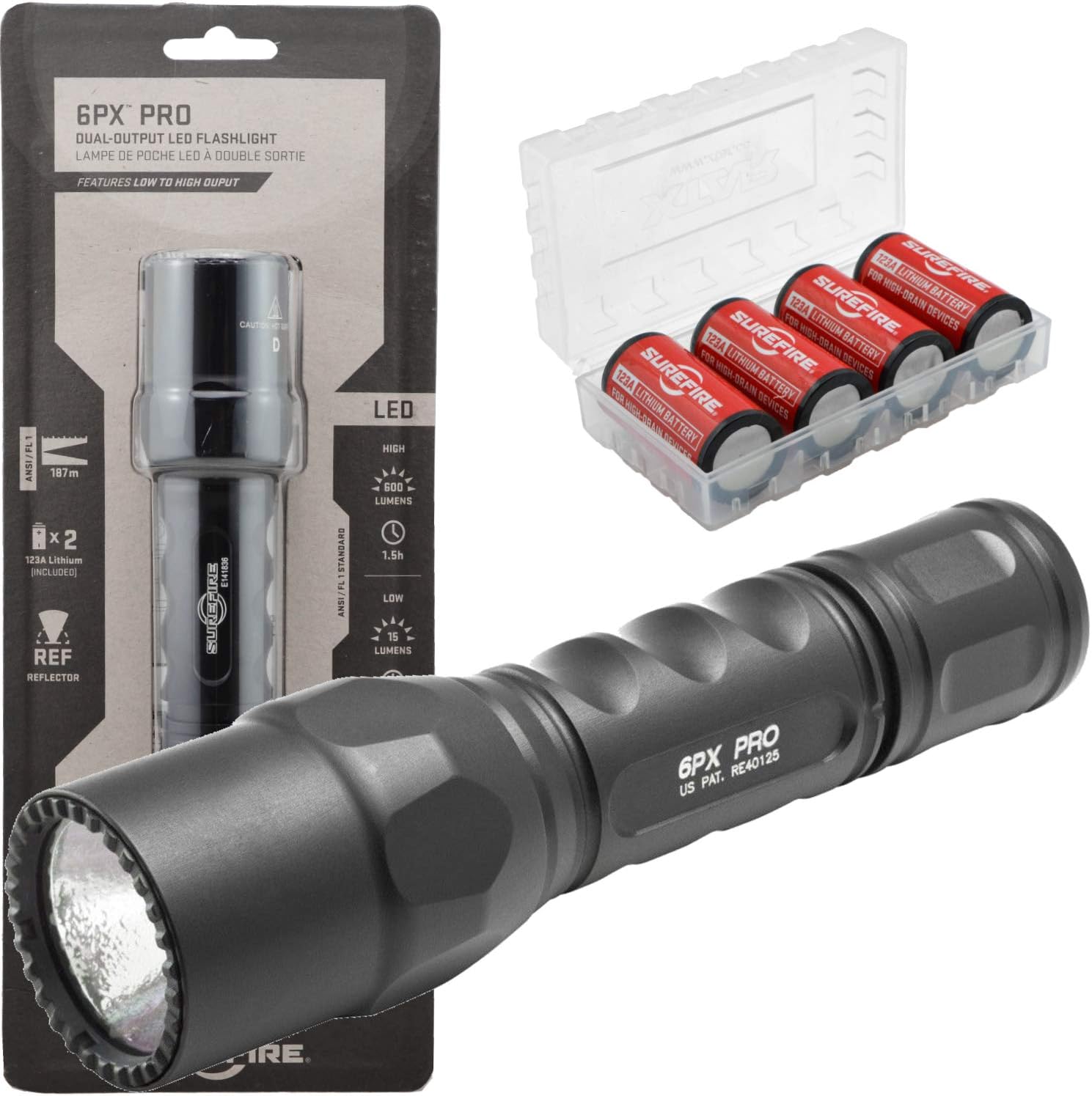 6PX Pro 600 Lumen Tactical EDC Flashlight Bundle - 4x Batteries & Case