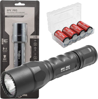 6PX Pro 600 Lumen Tactical EDC Flashlight Bundle - 4x Batteries & Case