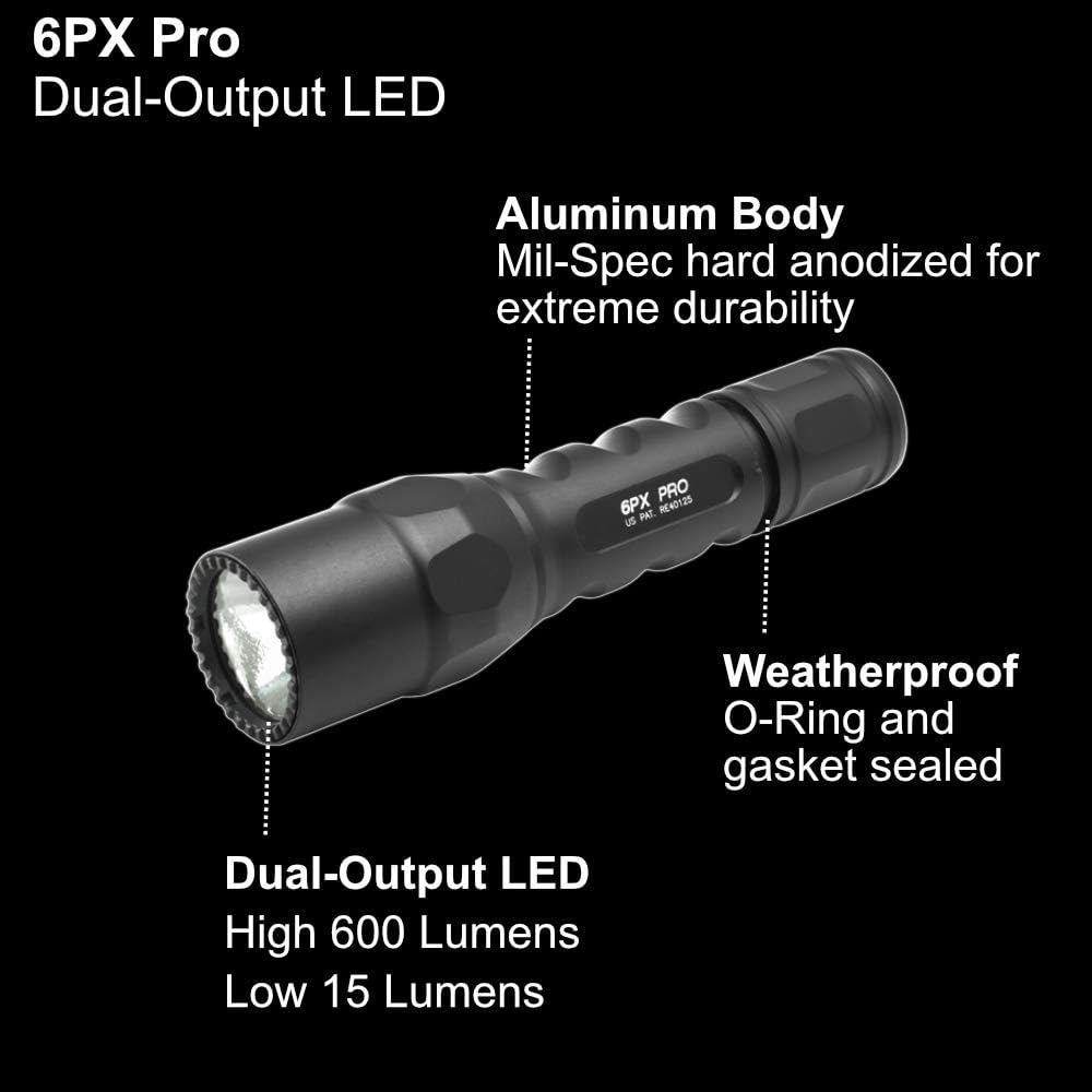 6PX Pro 600 Lumen Tactical EDC Flashlight Bundle - 4x Batteries & Case