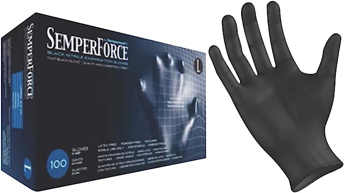 Black Nitrile Exam Gloves, Powder Free, Latex Free, Semperforce, 100/Box Medium