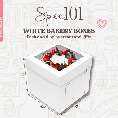 Cake Boxes with Window 25-Pack 10” x 10” x 8” Inch White Bakery Boxes