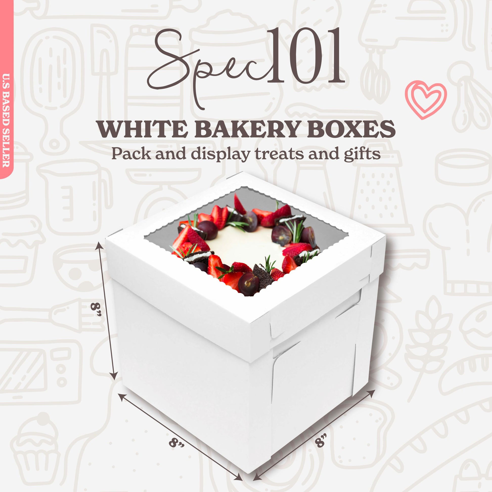 Cake Boxes with Window 25-Pack 8” x 8” x 8” Inch White Bakery Boxes