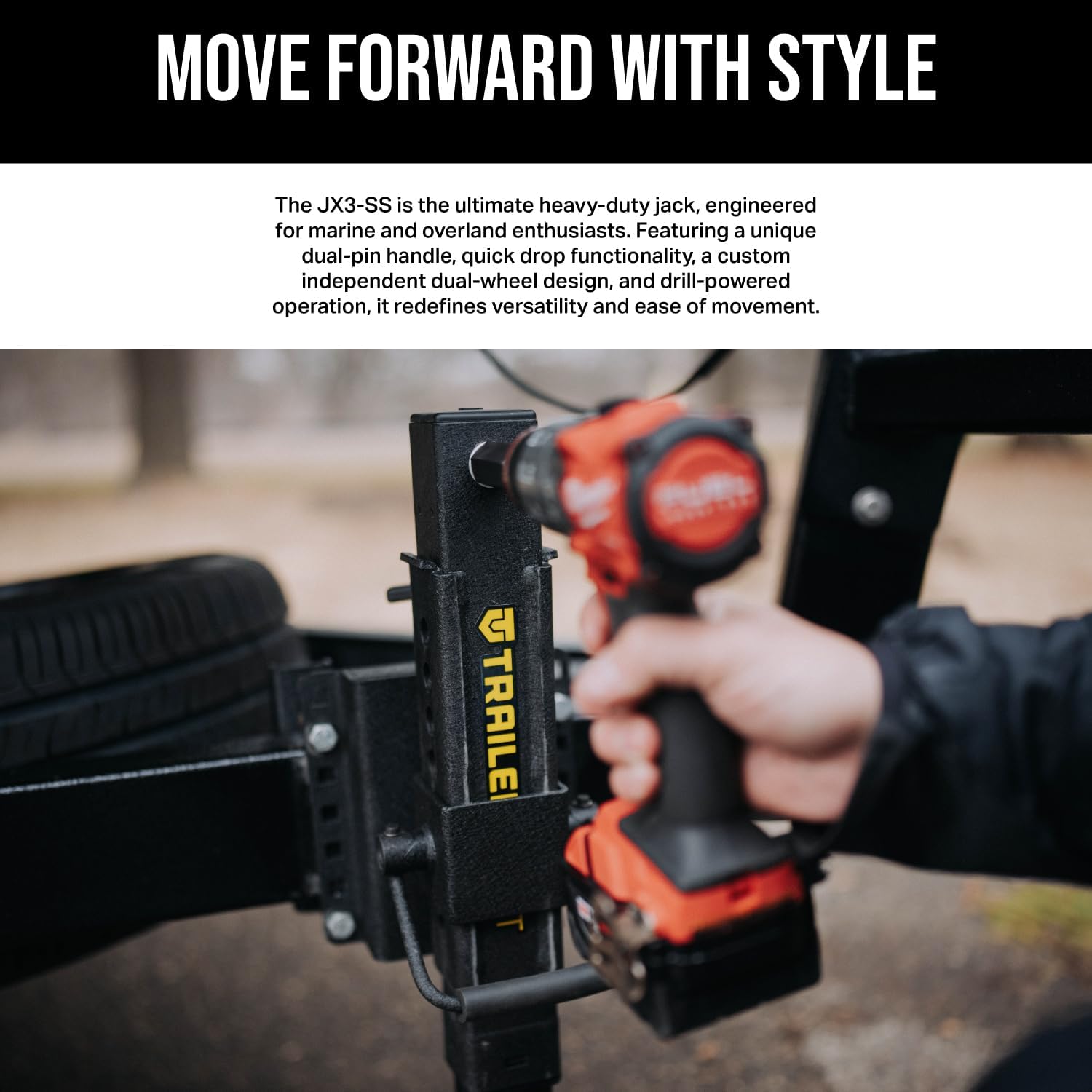 Trailer Valet JX 3-Squared Drill Jack with Dual-Wheel Design, Quick Drop System