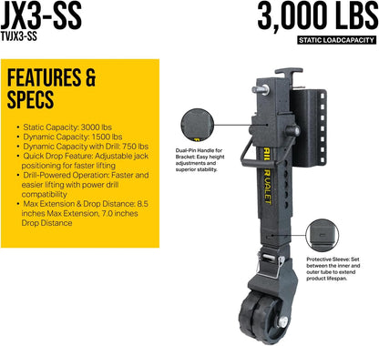 Trailer Valet JX 3-Squared Drill Jack with Dual-Wheel Design, Quick Drop System