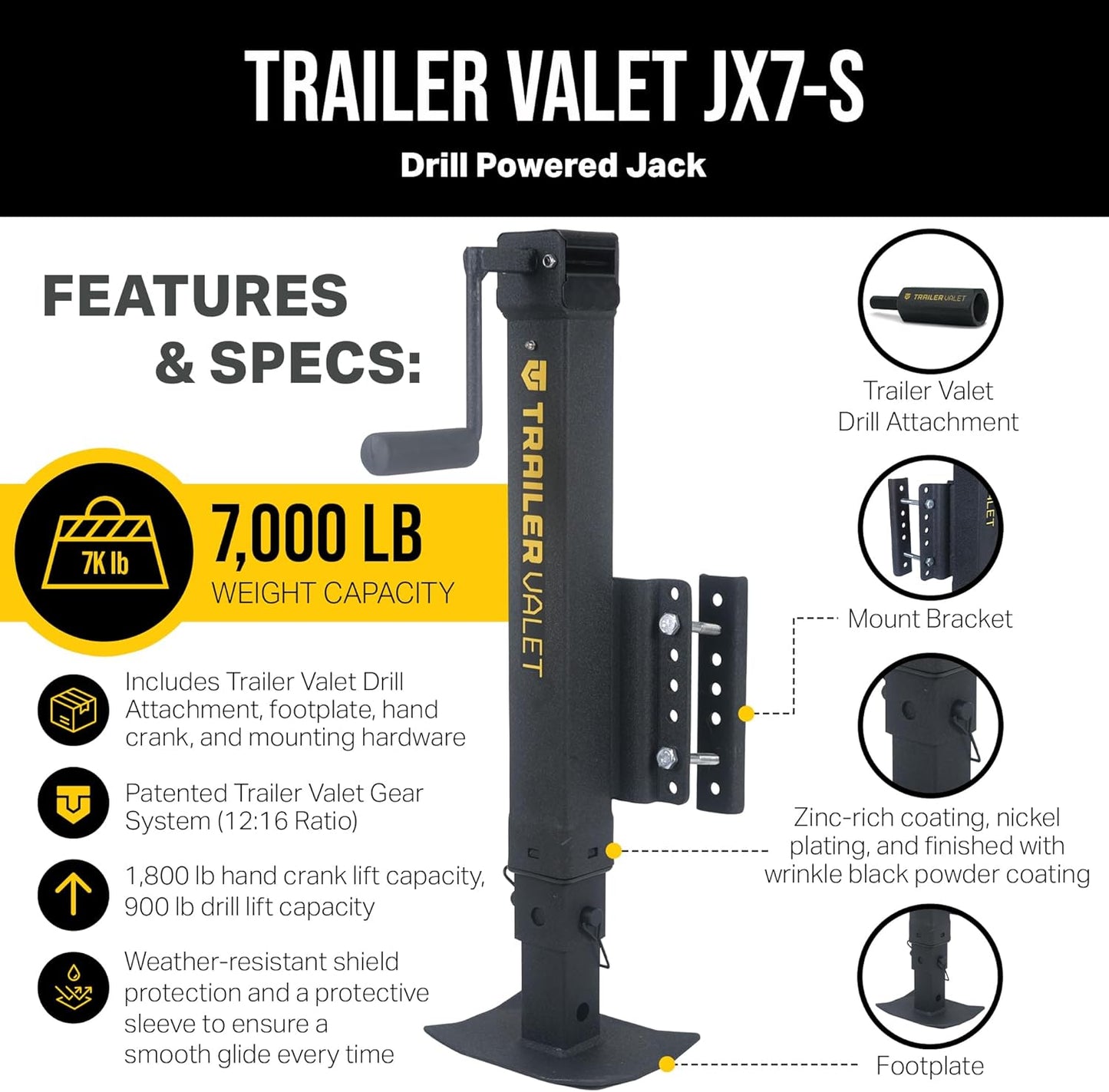 Trailer Valet TVJX7-S Side-Mounted Drill-Powered Trailer Jack with 7,000 lb