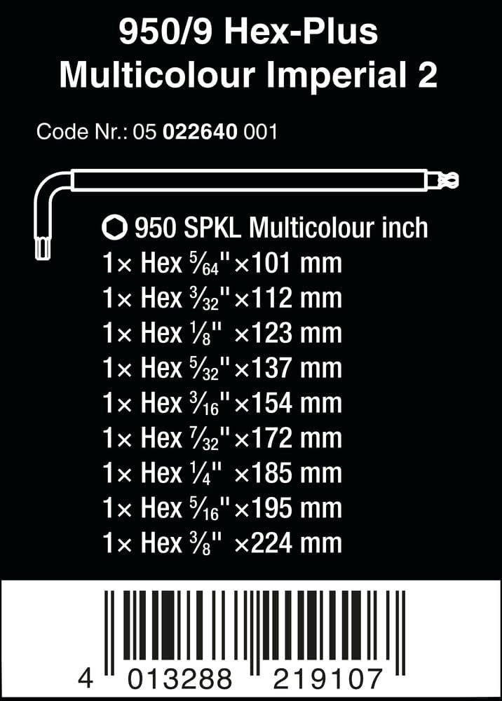 Wera 950/9 HEX-PLUS MULTICOLOUR IMPERIAL 2 L-KEY SET, BLACKLASER, 9 PIECES