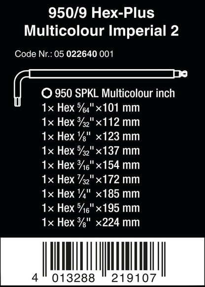Wera 950/9 HEX-PLUS MULTICOLOUR IMPERIAL 2 L-KEY SET, BLACKLASER, 9 PIECES