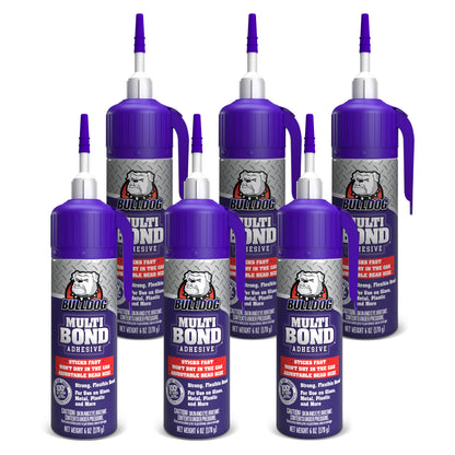 Bulldog Multi-Bond Adhesive, 6 Pack of 6 oz. Bottles, White, Ideal for Hundreds of Shop and Garage Applications, Fast-Drying, Works on Wet Surfaces, Ideal for Metal, Fiberglass and Brick Adhesive
